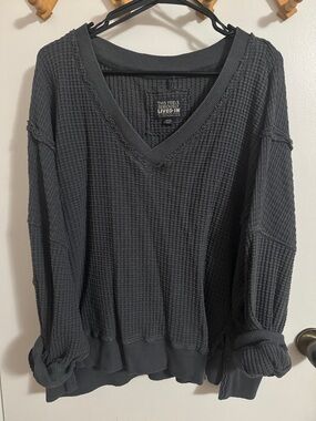 American Eagle Outfitters Charcoal V-Neck Waffle Knit Sweater